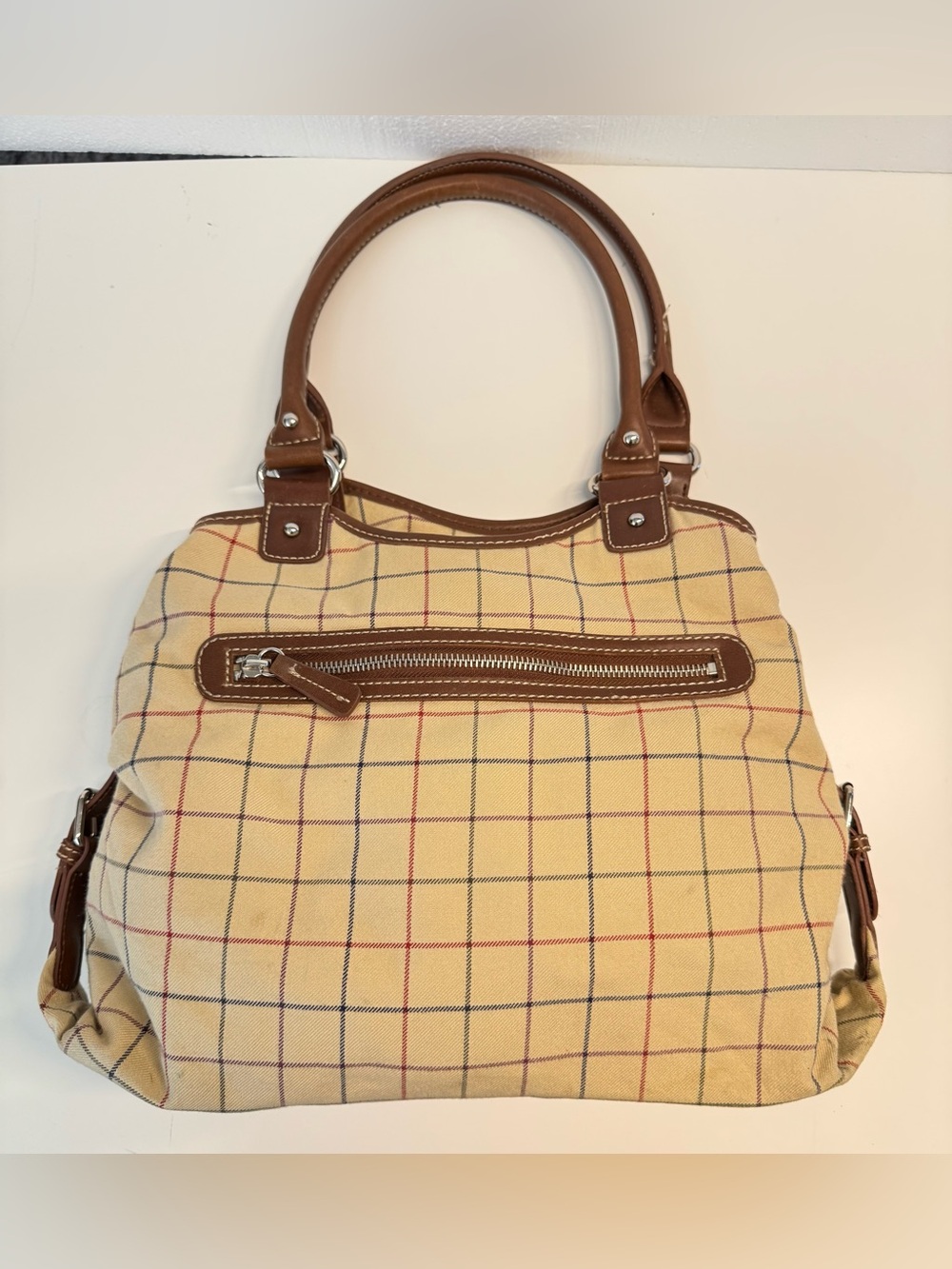 CHAPS Tan Plaid Canvas Multi-Pocket Medium Sized Snap Closure Satchel Bag Purse